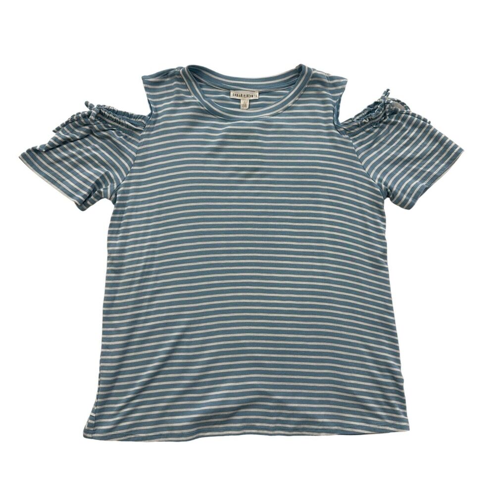 Crown of Hearts Light Blue Striped Cold‎ Shoulder Tie Detail Top Girls L